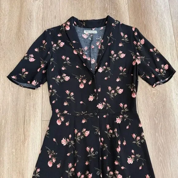 S O L D : Reformation Size 8 Rocki Collared Midi Dress Romy Rose Floral Print - Picture 8 of 14